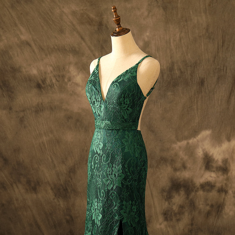 Sexy V Neck Mermaid Emerald Lace Prom Dresses Backless Party Dresses