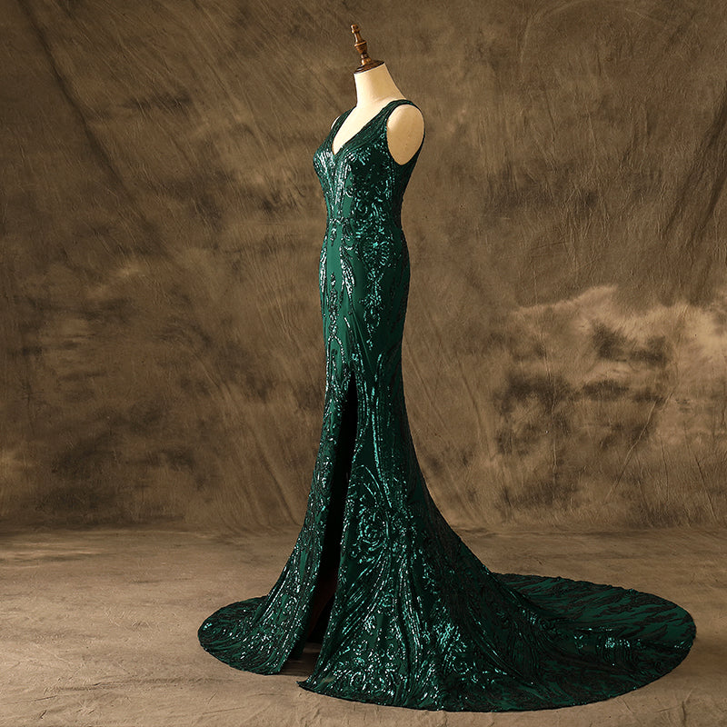 Sexy V Neck Mermaid Emerald Luxe Sequins Prom Dresses Side Split Party Dresses