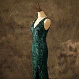 Sexy V Neck Mermaid Emerald Luxe Sequins Prom Dresses Side Split Party Dresses