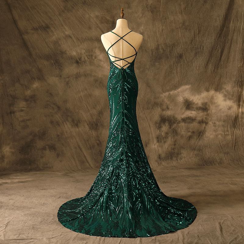 Sexy O-neck Mermaid Emerald Luxe Sequins Prom Dresses Side Split Lace Up Party Dresses