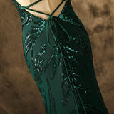 Sexy O-neck Mermaid Emerald Luxe Sequins Prom Dresses Side Split Lace Up Party Dresses