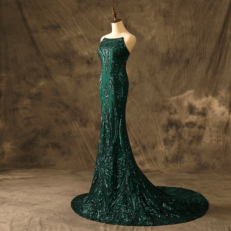 Sexy Strapless Square Neck Mermaid Emerald Luxe Sequins Prom Dresses Party Dresses