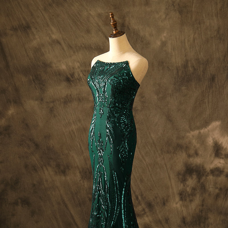 Sexy Strapless Square Neck Mermaid Emerald Luxe Sequins Prom Dresses Party Dresses