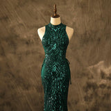 High Neck Mermaid Emerald Luxe Sequins Prom Dresses Side Lace Up Party Dresses