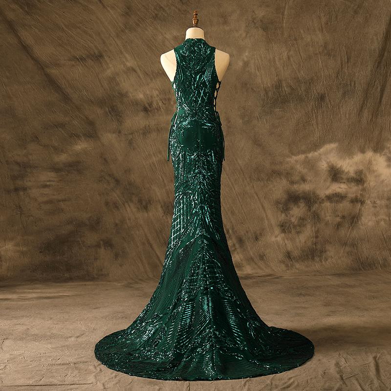 High Neck Mermaid Emerald Luxe Sequins Prom Dresses Side Lace Up Party Dresses
