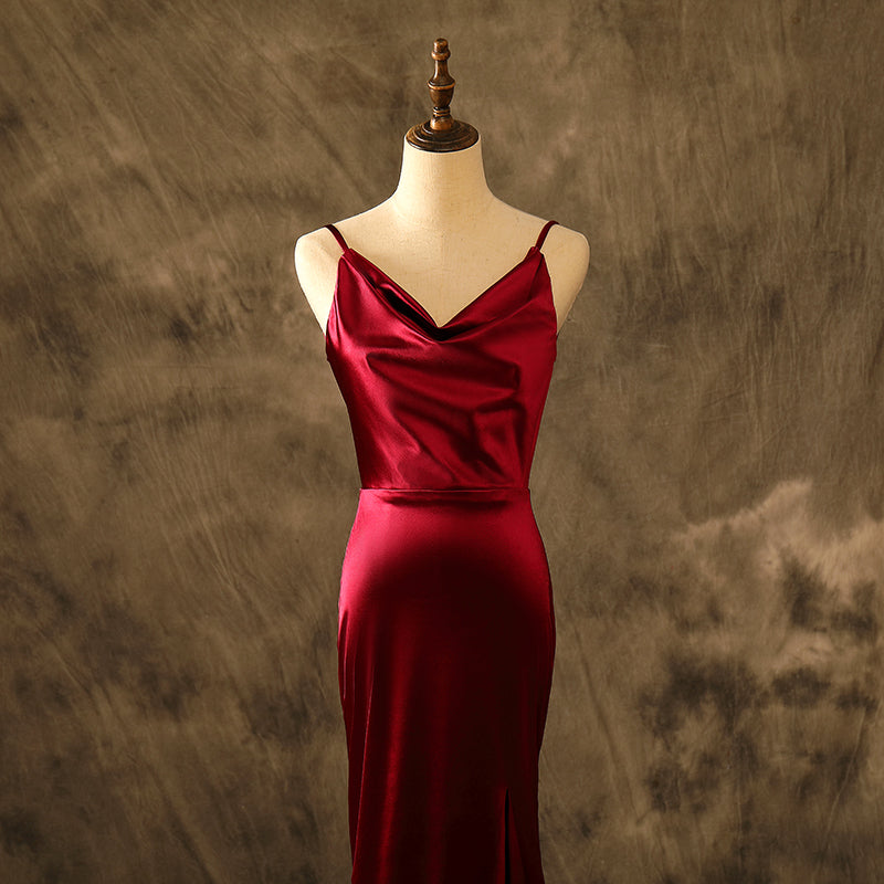 Sexy Mermaid Burgundy Stretchy Satin Prom Dresses Backless Party Dresses