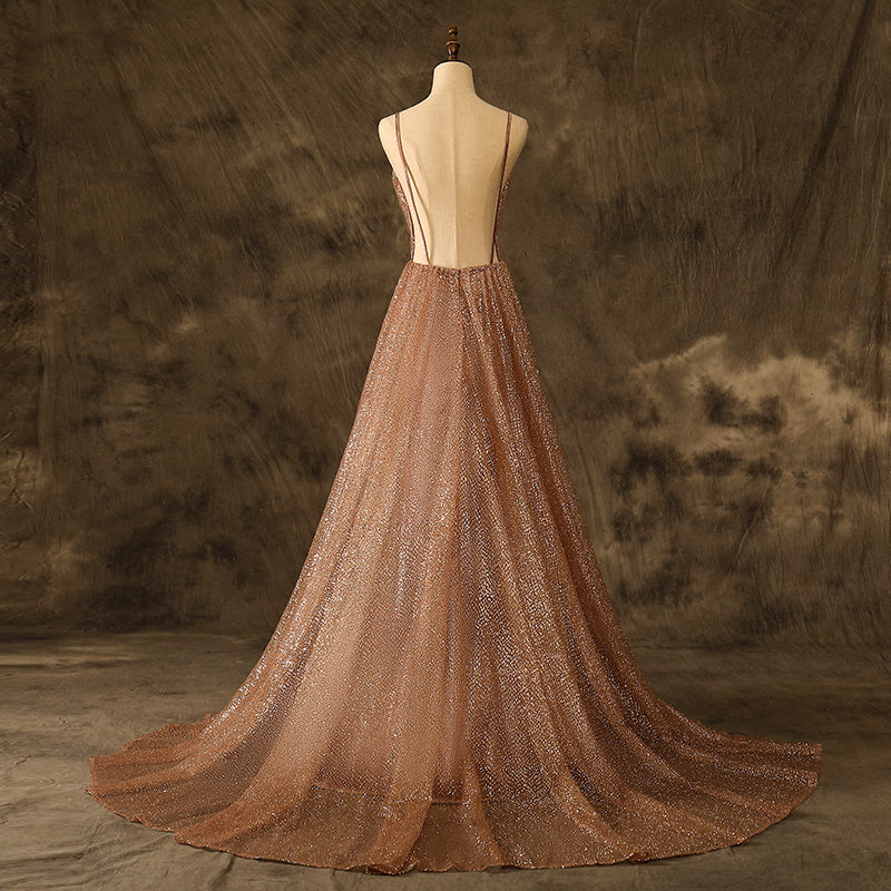 Sexy V Neck A Line Rose Gold Glitter Prom Dresses Backless Party Dresses