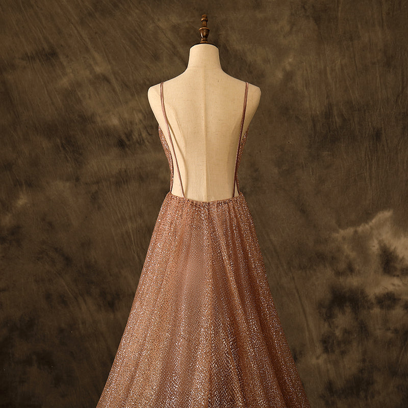Sexy V Neck A Line Rose Gold Glitter Prom Dresses Backless Party Dresses