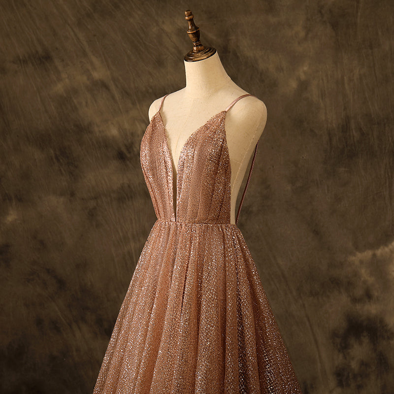 Sexy V Neck A Line Rose Gold Glitter Prom Dresses Backless Party Dresses