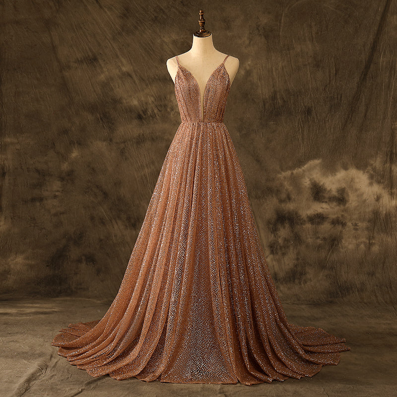 Sexy V Neck A Line Rose Gold Glitter Prom Dresses Backless Party Dresses