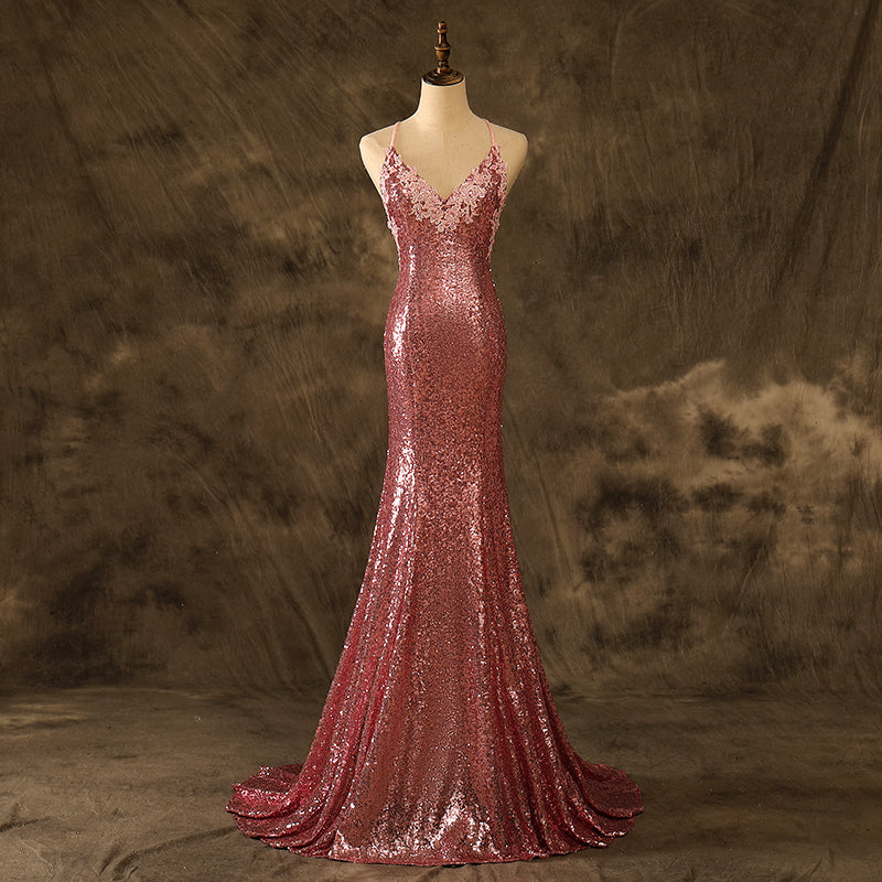 Appliques V Neck Mermaid Pink Sequins Prom Dresses Lace Up Party Dresses