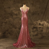 Appliques V Neck Mermaid Pink Sequins Prom Dresses Lace Up Party Dresses