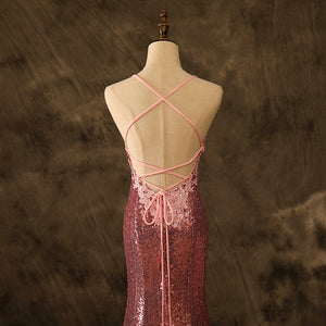 Appliques V Neck Mermaid Pink Sequins Prom Dresses Lace Up Party Dresses