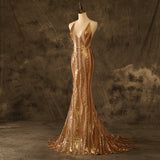 Sexy V Neck Mermaid Gold Luxe Sequins Prom Dresses Backless Party Dresses