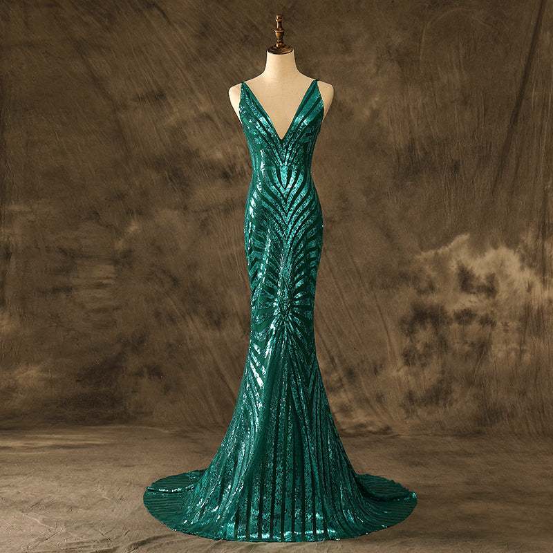 Sexy V Neck Mermaid Emerald Luxe Sequins Prom Dresses Backless Party Dresses
