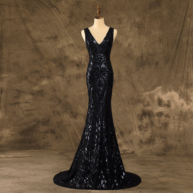 Sexy V-Neck Mermaid Navy Sequins Prom Dresses Party Dresses