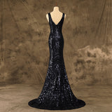 Sexy V-Neck Mermaid Navy Sequins Prom Dresses Party Dresses