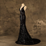 New Style V-Neck Mermaid Black Sequins Prom Dresses Backless Party Dresses