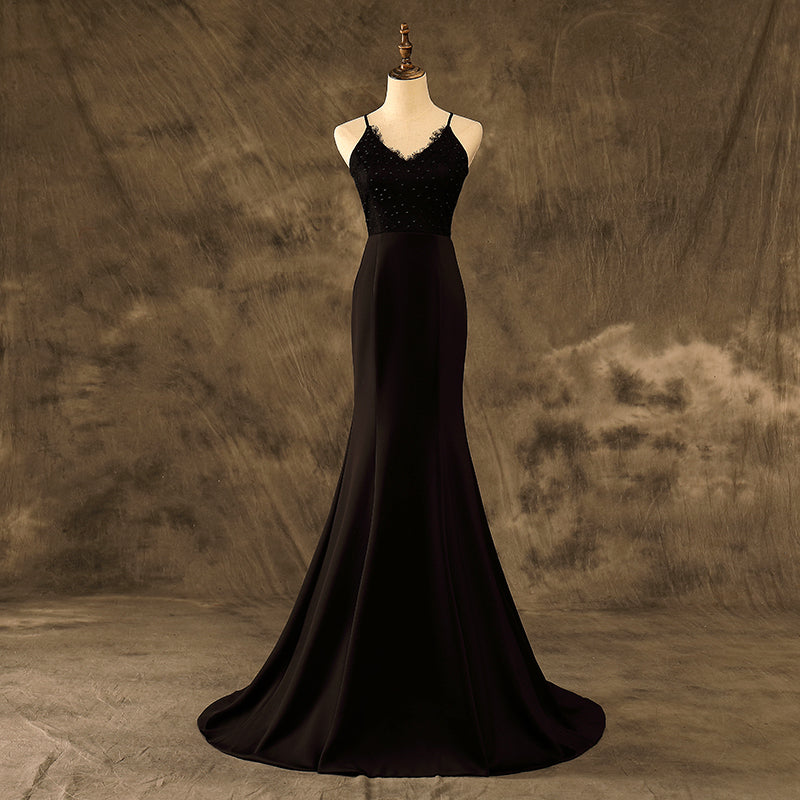 Appliques Lace Beading Mermaid Black Stretchy Prom Dresses Lace Up Party Dresses