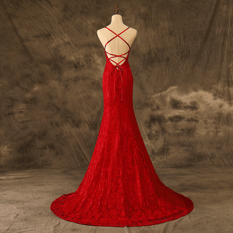 Sexy V Neck Mermaid Deep Red Lace Prom Dresses Lace Up Party Dresses