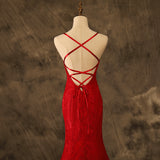 Sexy V Neck Mermaid Deep Red Lace Prom Dresses Lace Up Party Dresses