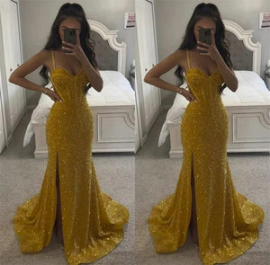 Charming Gold Sequins Prom Dresses Mermaid Split Spaghetti Straps Formal Women Evening Party Gowns Maxi Robe De Soiree