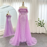 Luxury Feather Turquoise Dubai Evening Dress with Cape Sleeves 2023 Lilac Arabic Women Wedding Party Prom Gown