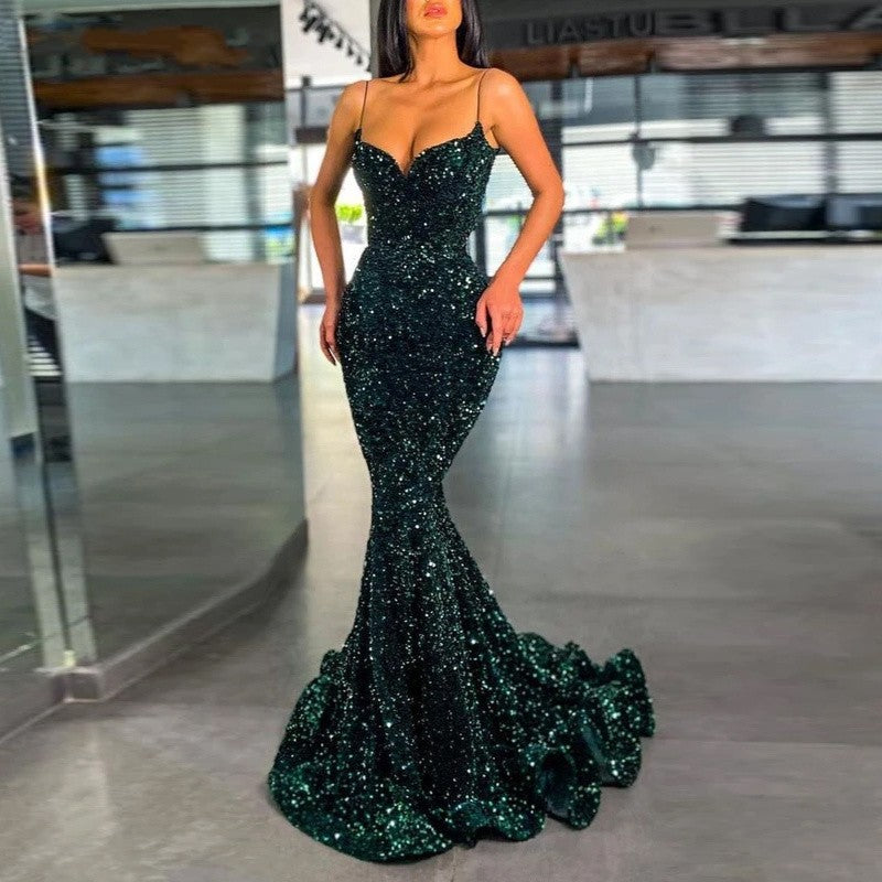 Dark Green Prom Dresses Long Mermaid Evening Gowns Spaghetti Straps Stretchy Sequin Velvet Wedding Guest Dress
