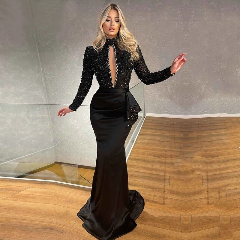 US$131.31-Arabic Evening Dresses With Train Beaded Mermaid V Neck Evening  Gown Satin Slit Party Long Prom Dresses Celebrity Robe D-Description