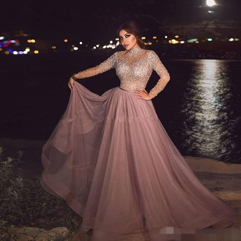 High Neck Dusty Pink Muslim Evening Dress illusion Long Sleeve Crystal beaded Plus Size Arabic Formal Dresses for Women Dubai