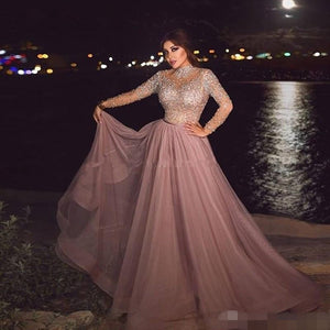 High Neck Dusty Pink Muslim Evening Dress illusion Long Sleeve Crystal beaded Plus Size Arabic Formal Dresses for Women Dubai