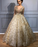 Glaring Sheer Ball Gowns 2022 Prom Dresses Illusion Gold beading Lace Heavy Beading Evening Dresses Long Vestidos De Festa