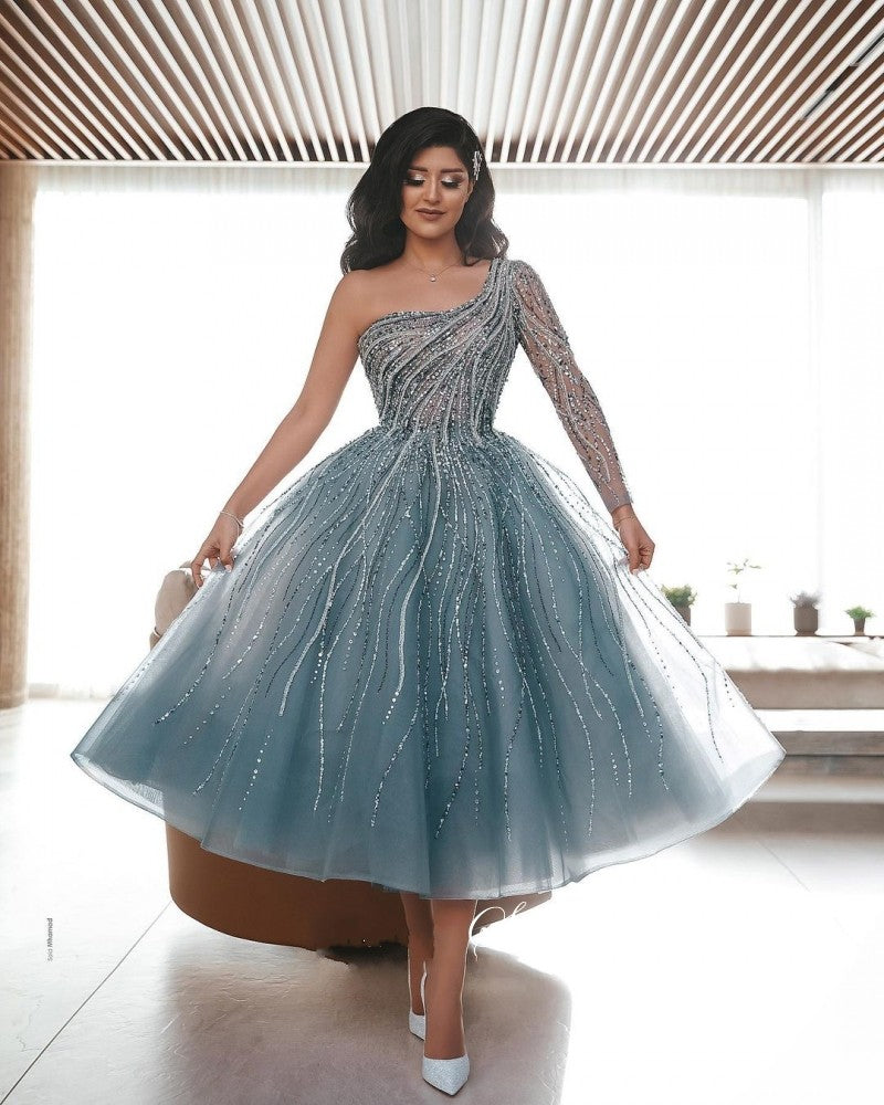 Blue Long Sleeve Muslim Beading Evening Dress One Shoulder Luxury Dubai Women Midi Engagement Party Dresses Wedding Prom Graduation Gown