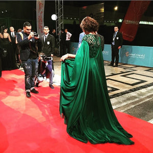 Luxury Beaded Emerald Green Chiffon Evening Dresses Full Sleeves A-line Crystal Long Prom Gowns