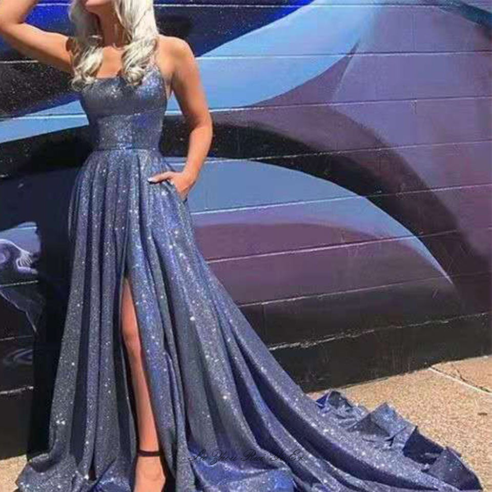 Blue Glitter Formal Evening Dresses with pockets side slit Lace Up Backless Sparkle Prom gowns Elegant Dress
