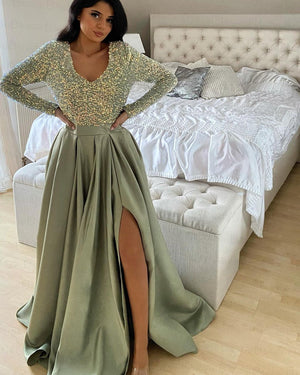 Sequin A-Line Prom Dresses 2022 V-Neck Sexy High Slit Satin Green Long Sleeves Formal Evening Gowns Vestidos De Gala