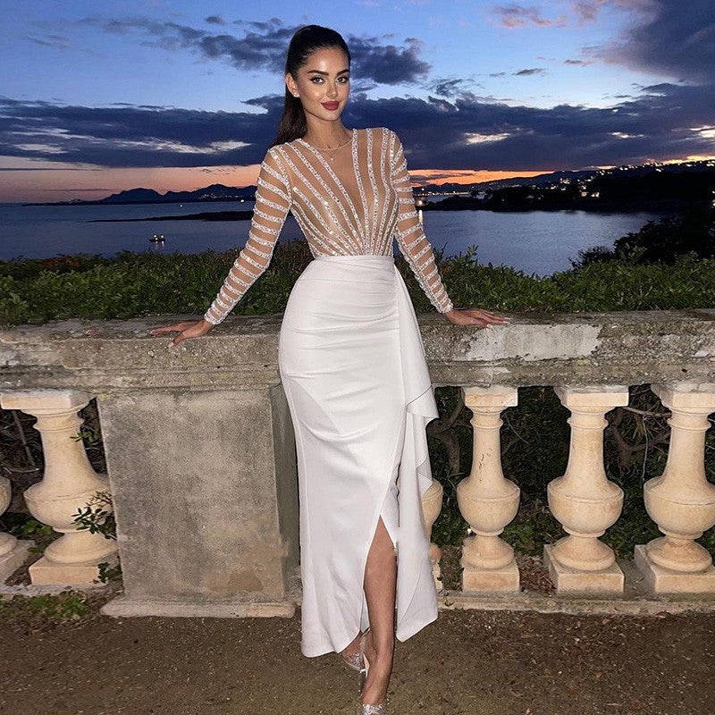 Dubai White Mermaid Arabic Evening Dress Long Sleeve 2022 Luxury Beading Women for Wedding Party Gowns Midi Prom Formal Dresses