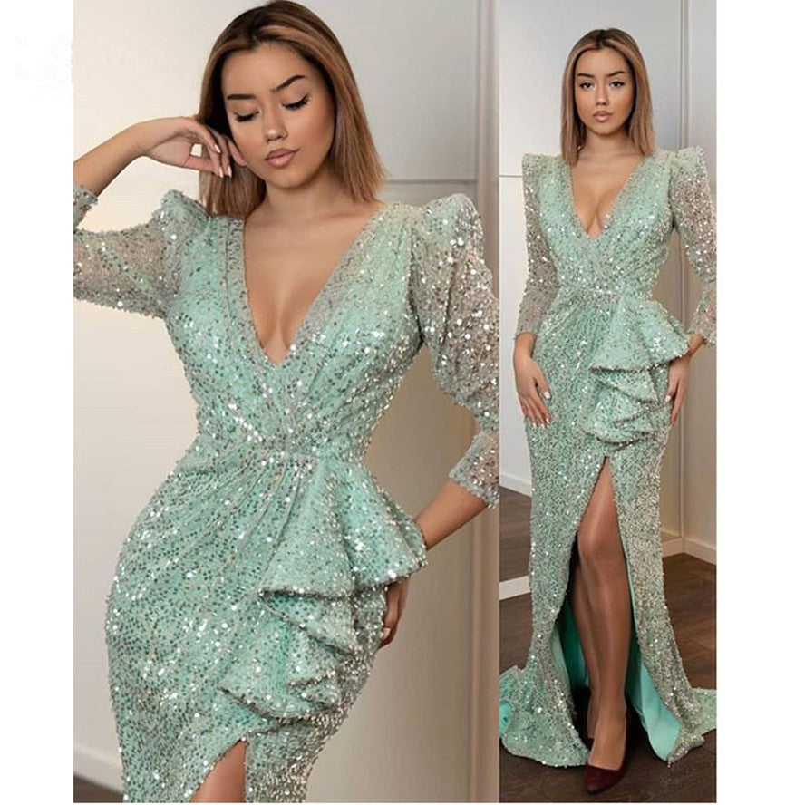 Sexy Mint green Sequined Prom Dresses High Side Split Formal Dress Full Sleeves Long Mermaid Prom Gown Abendkleider