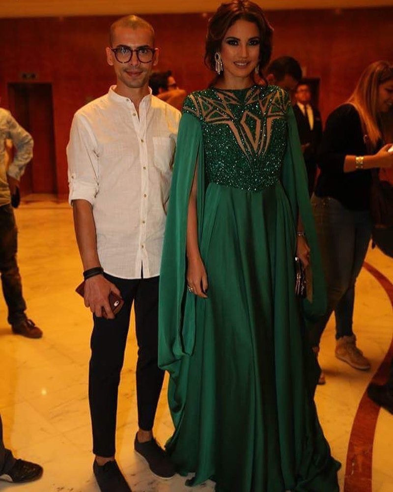 Luxury Beaded Emerald Green Chiffon Evening Dresses Full Sleeves A-line Crystal Long Prom Gowns