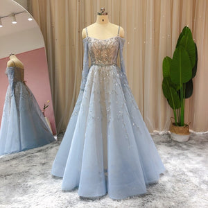 Luxury Blue Long Sleeve Evening Dresses Dubai Beaded Off Shoulder Arabic Women Prom Formal Dress for Wedding Party Gowns