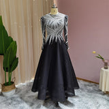 Luxury Black Short Muslim Evening Dress Long Sleeve 2022 Elegant A-Line Beaded Tea Length Arabic Women Party Prom Formal Dresses