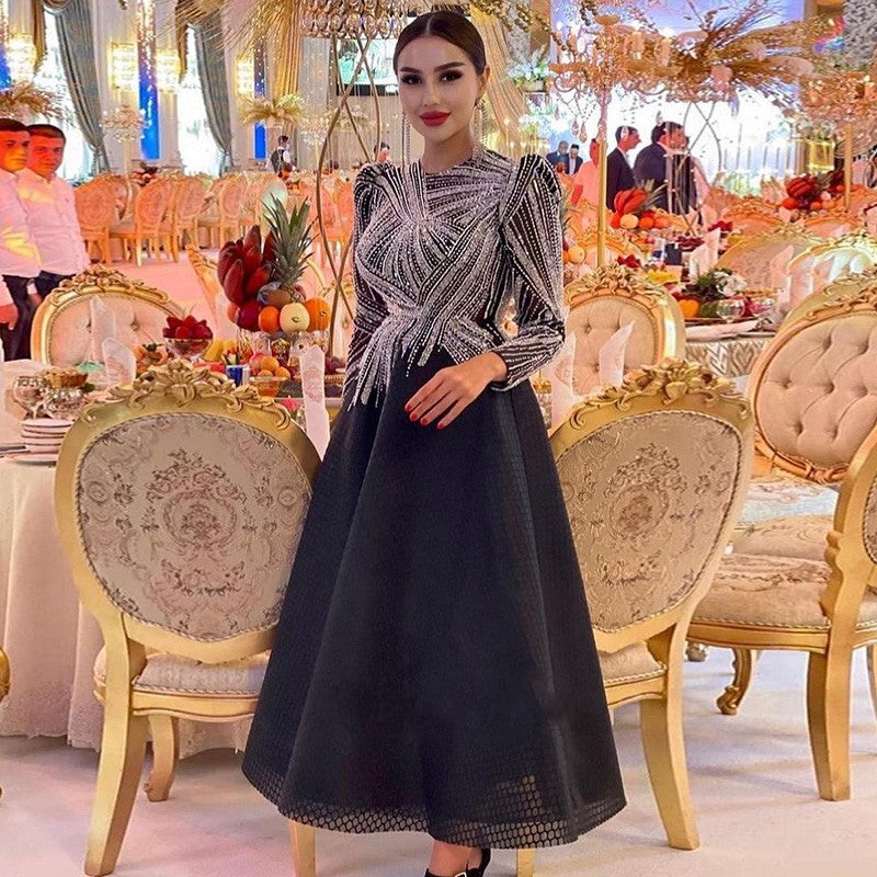Luxury Black Short Muslim Evening Dress Long Sleeve 2022 Elegant A-Line Beaded Tea Length Arabic Women Party Prom Formal Dresses
