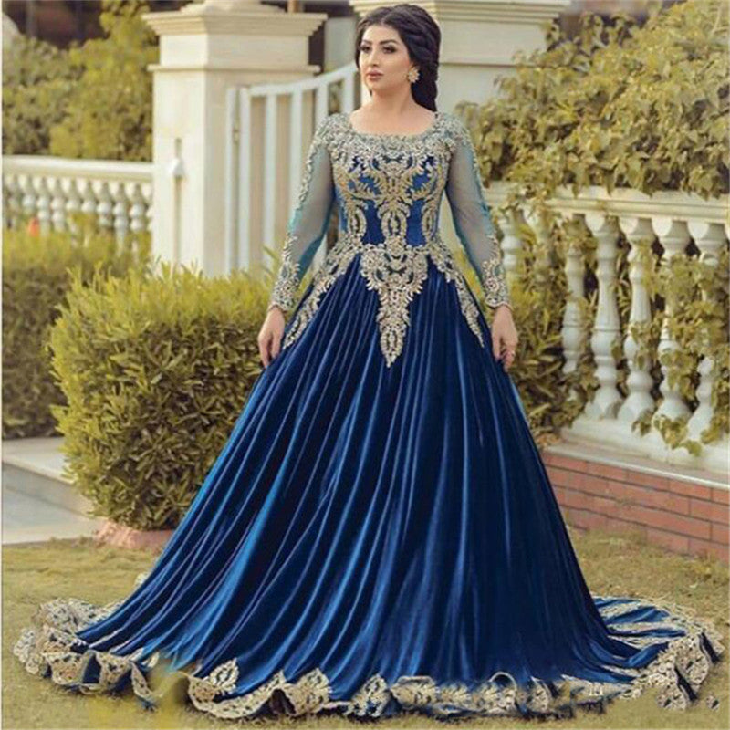 Royal Blue Sheer Long Sleeves Ball Gown Plus Size Evening Dresses Arabic Prom Dress 2022 Vestidos De Gala Largos Formal Party