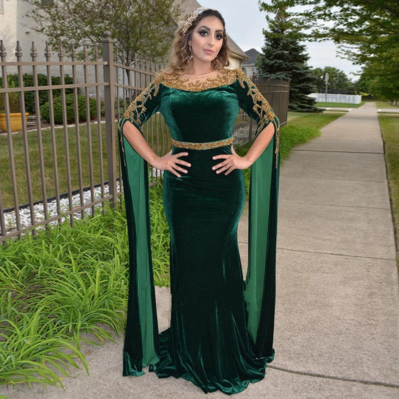 Emerald Green Velvet Mermaid Arabic Evening Dresses Long Sleeve Luxury Dubai Elegant Women Formal Party Dress for Wedding