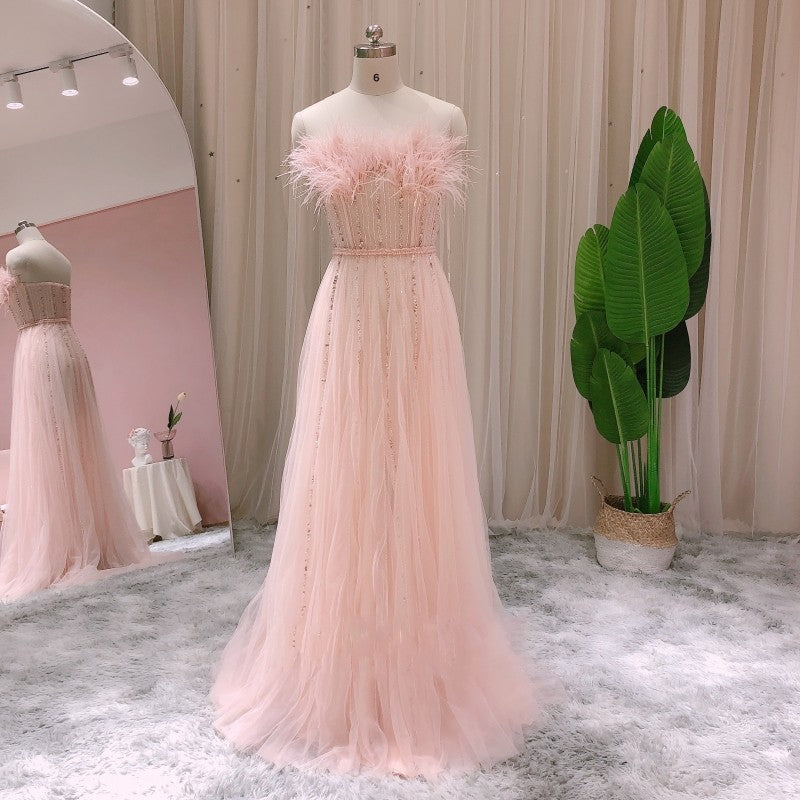 Luxury Beading Pink Dubai Evening Dress with Feather Strapless Arabic Wedding Party Gown Women Elegant Formal Prom Dresses