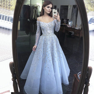 Luxury Blue Long Sleeve Evening Dresses Dubai Beaded Off Shoulder Arabic Women Prom Formal Dress for Wedding Party Gowns