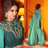 Luxury Beaded Emerald Green Chiffon Evening Dresses Full Sleeves A-line Crystal Long Prom Gowns