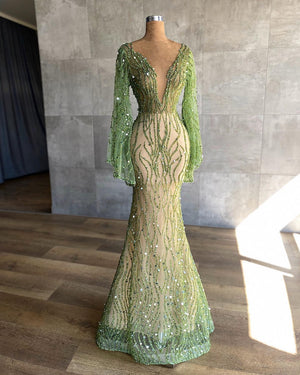 Bling Bling Green Beaded Sequined Mermaid Evening Dresses With Flare Sleeves 2022 Luxury Long Evening Gowns Dubai Formal Dress