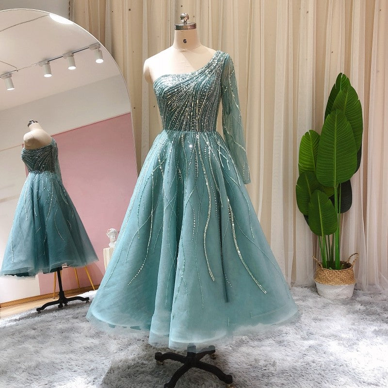 Blue Long Sleeve Muslim Beading Evening Dress One Shoulder Luxury Dubai Women Midi Engagement Party Dresses Wedding Prom Graduation Gown