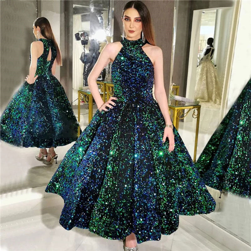 Sexy Halter Sequin Party Night Evening Dresses Vestido De Noiva Robe De Soiree Vestido Novia Playa Formal A-line Prom Dresses